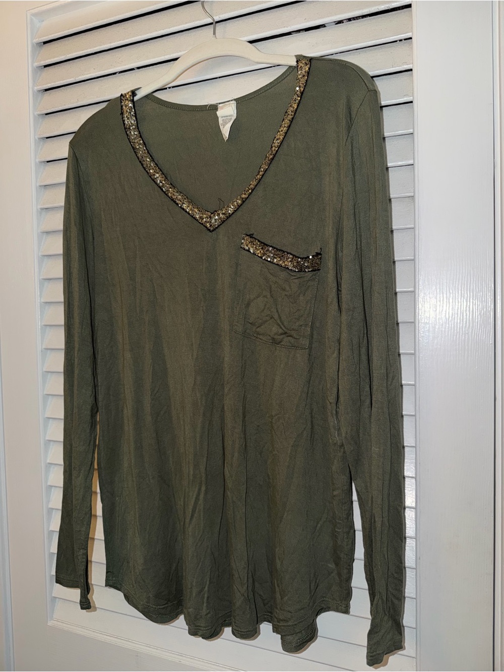 Olive V-Neck Long Sleeve Top with Sequin Trim